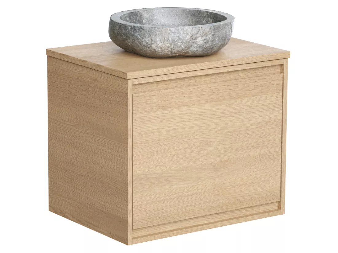 Meuble de salle de bain suspendu avec vasque à poser en pierre - Placage chêne - 60 cm - MESLIVA