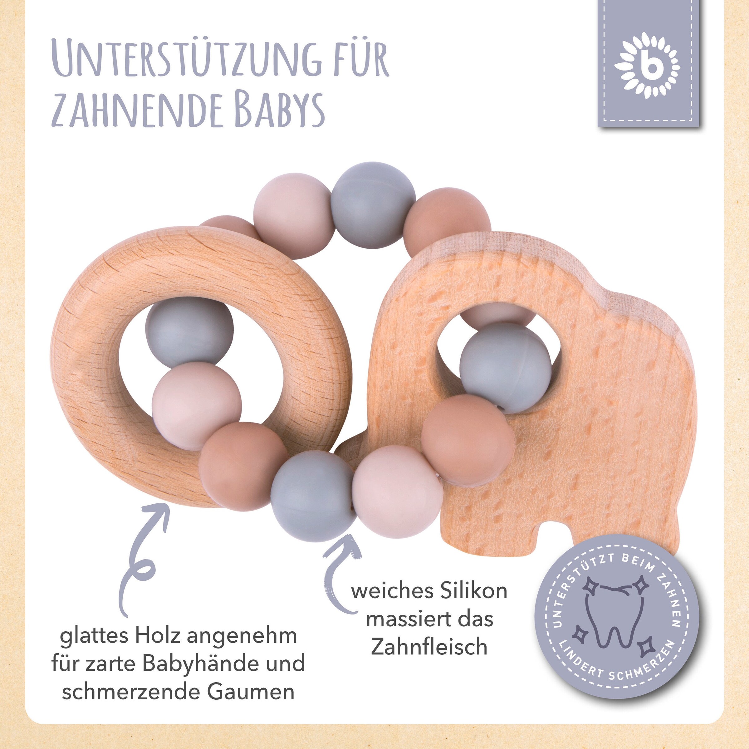 Bieco Greifling Holz Natur mit Silikon Elefant - ab Geburt Beige