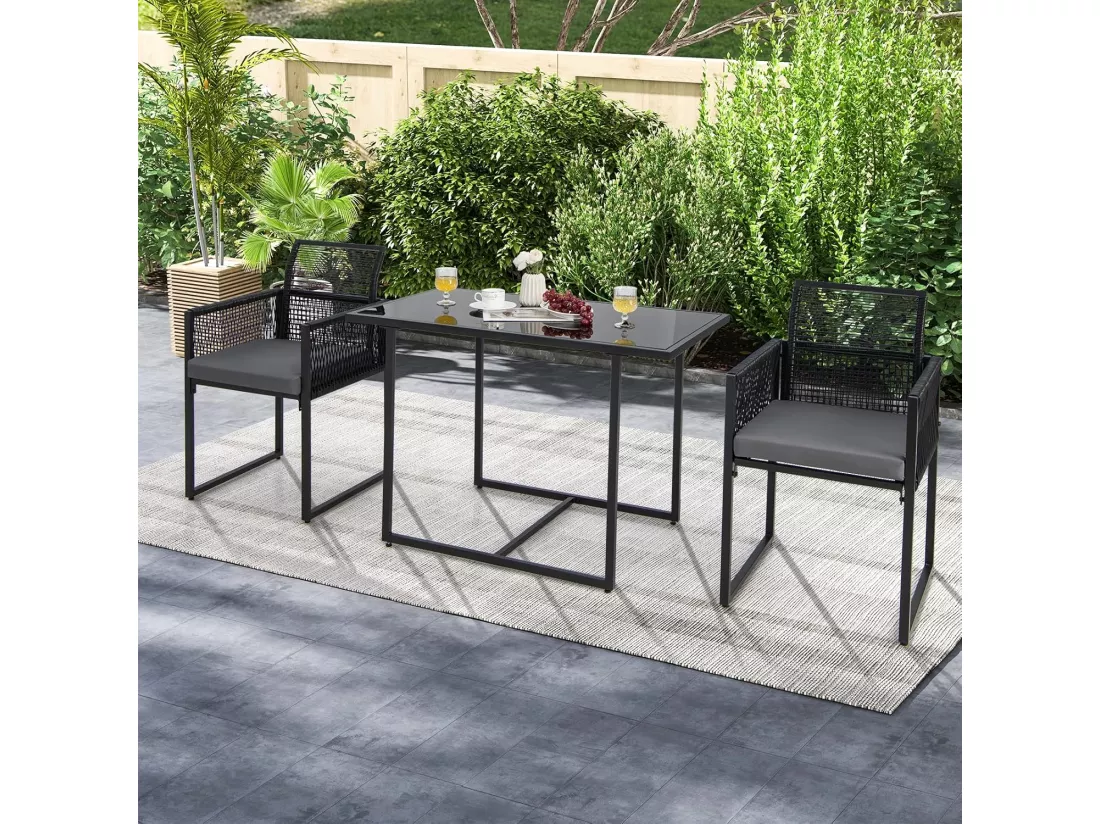 Ensemble de Meubles de Patio 3 Pcs en Rotin et fibre naturelle PE avec Dossier Pliant Charge 150KG, Salon de Jardin avec Coussins Plateau de Table en Verre Trempé, pour Jardin Bord de Piscine