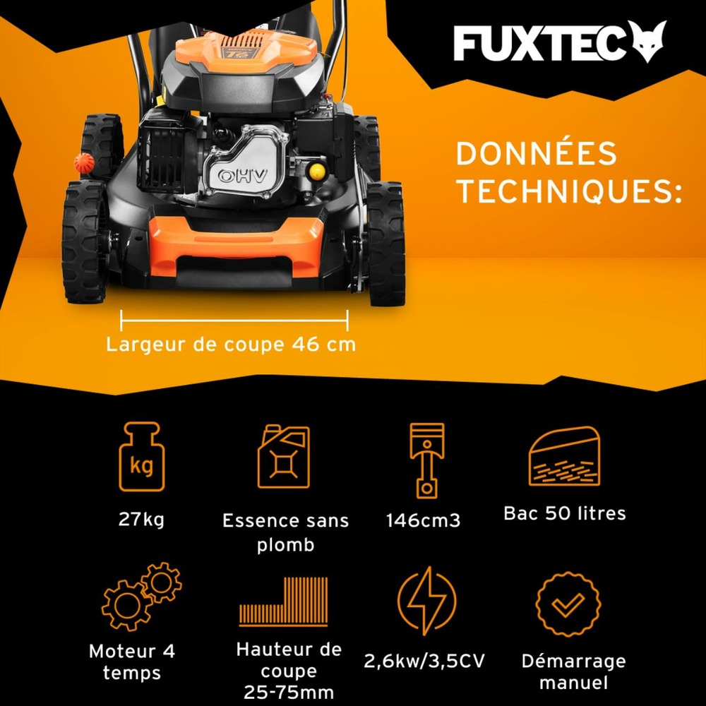 Tondeuse thermique poussée 146cm3 largeur 46cm- fx-rm4646eco - 3,5 cv 50l
