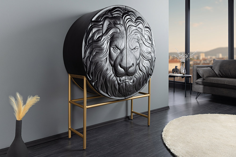 Massives Highboard LION 140cm schwarz gold Mangoholz 3D Schnitzereien Kunstwerk
