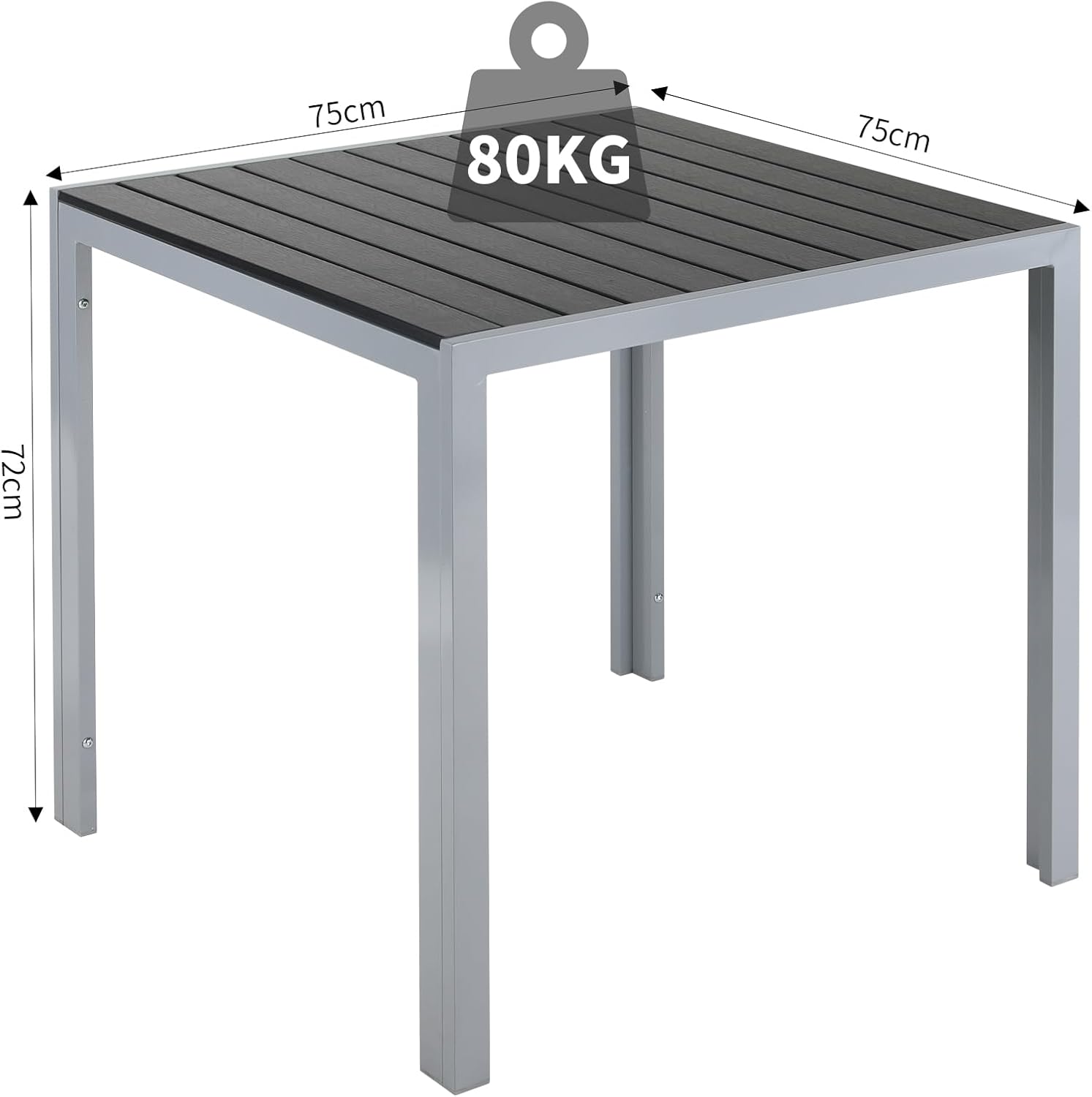 Clevich Gartentisch Wetterfeste, 75x75cm, Outdoor-Esstisch, WPC-Balkontisch, Aluminiumrahmen, Wetterfeste Gartenmöbel, quadratischer Terrassentisch, Silber Grau