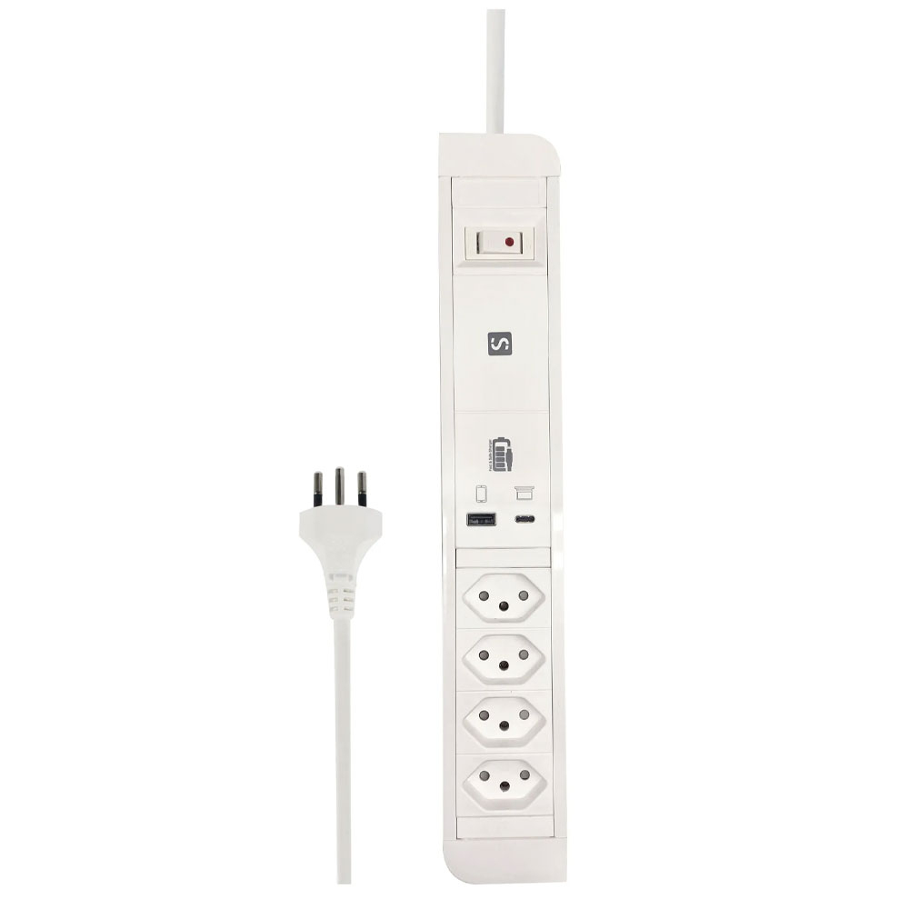 (2m) PRINCIPIO  4-fach Steckdosenleiste 4xTyp13 und USB C / USB A Port mit Leuchtschalter PD/65W (85.858.4WS) - Weiss