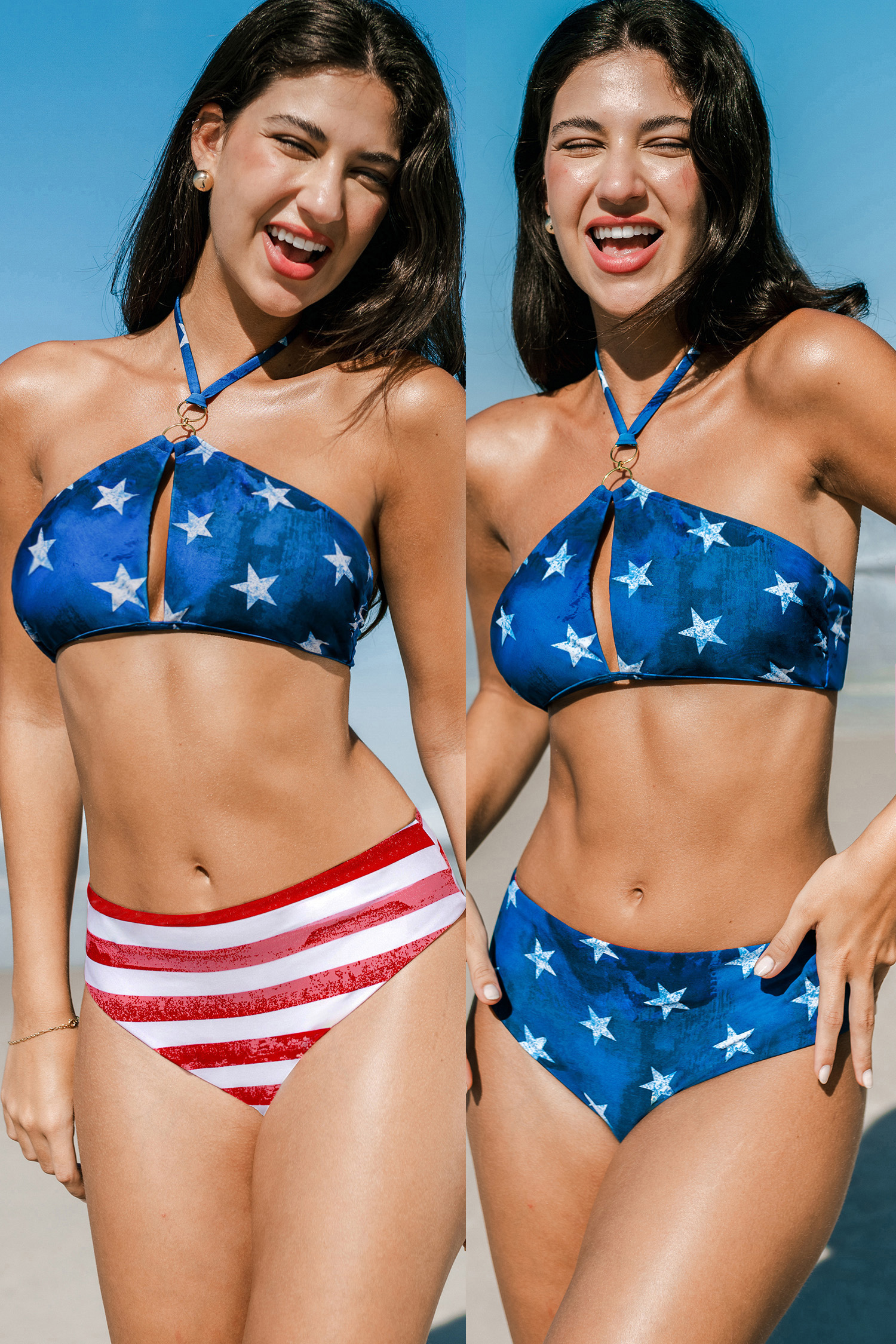 Bikini taille moyenne réversible à col licou avec étoiles et rayures