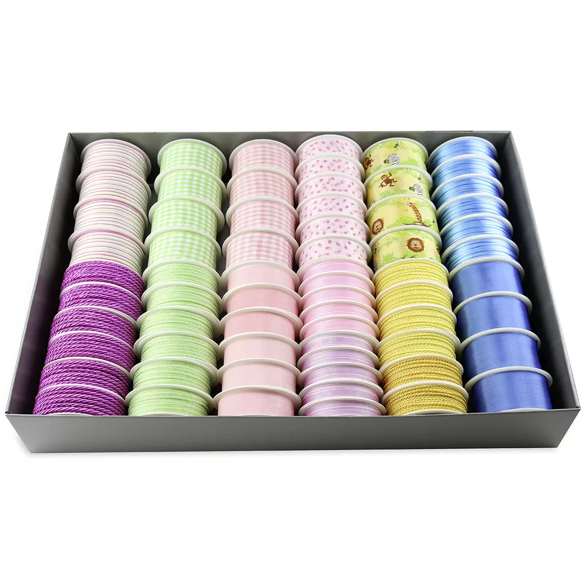 Geschenkband Flavienne dunkelblau,gelb,hellblau,hellgrün,lila,rosa