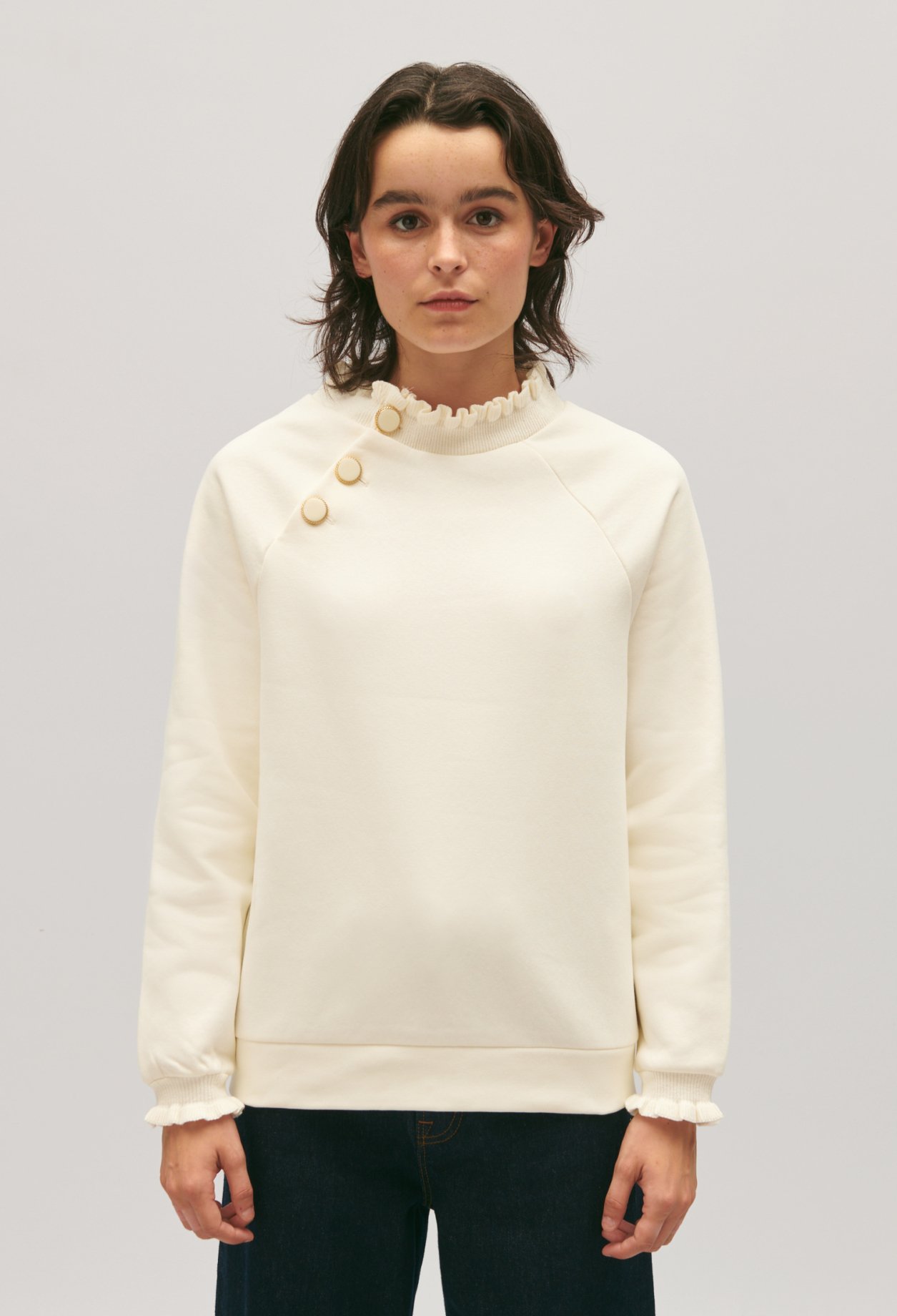 Sweatshirt Tape col boutonne ivoire