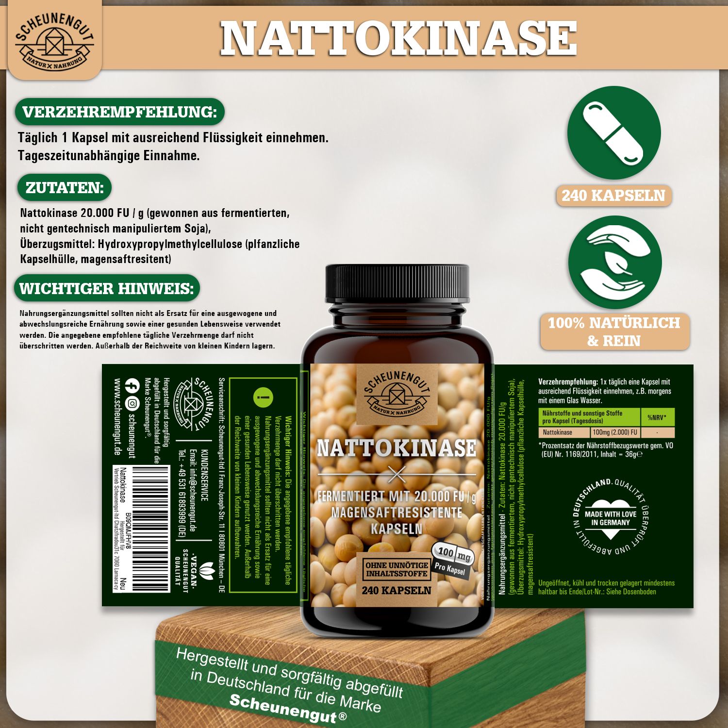 Scheunengut® Nattokinase 20.000 FU/g | pflanzliche Fermentation, 100% rein & vegan