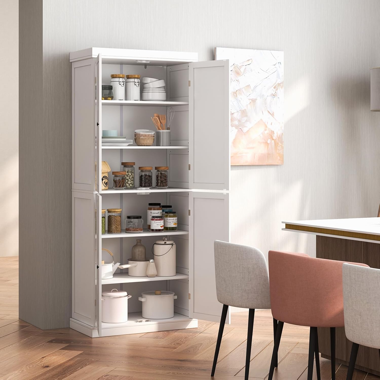 COSTWAY 6 stöckiger Küchenschrank, Hochschrank Küche mit 4 Türen & verstellbaren Regalen, Vorratsschrank freistehend, für Badezimmer, Wohnzimmer, Esszimmer, Büro, 76 x 40 x 184,5 cm, Weiß