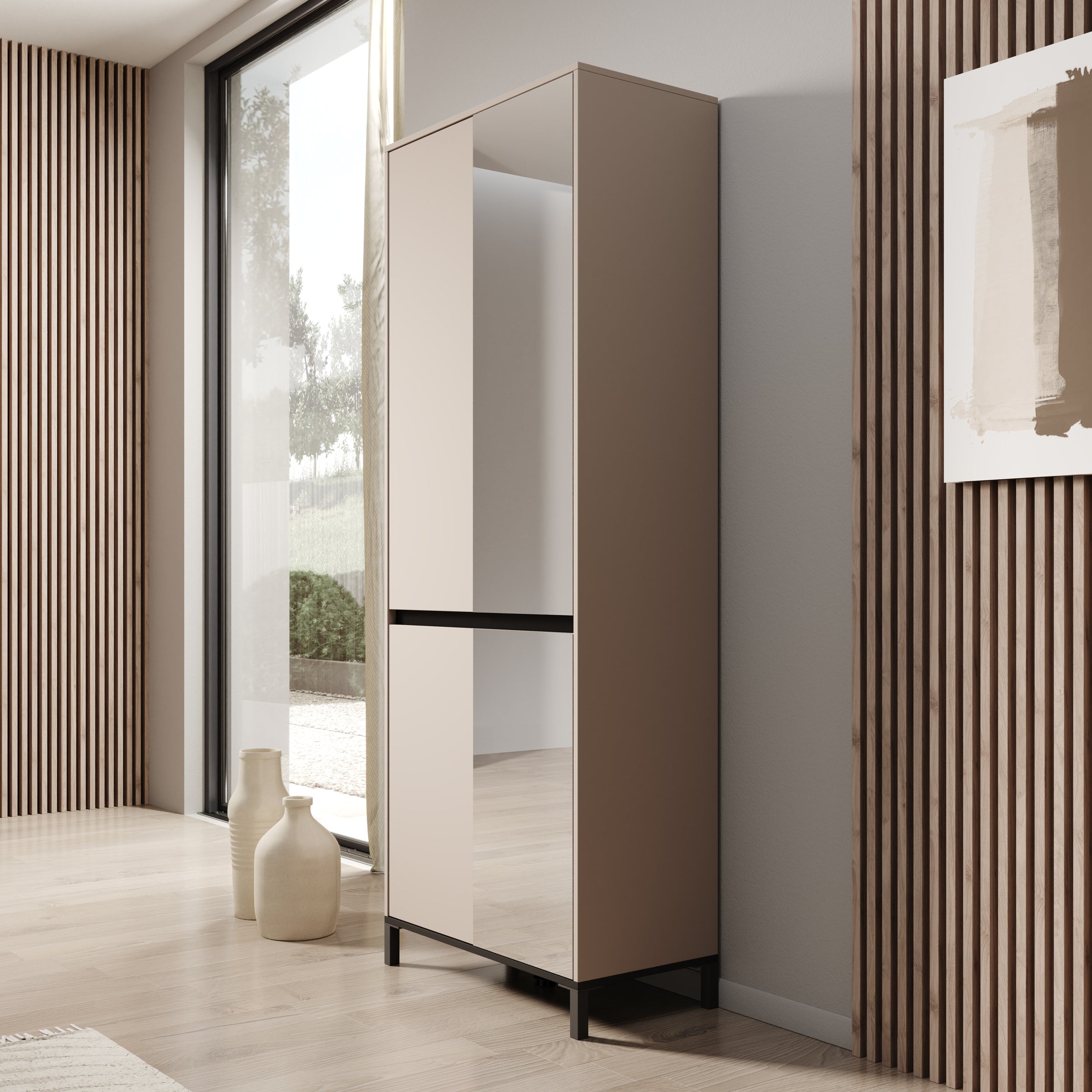 Finta - Schoenenkast met spiegel - Beige - 80x40x206 cm