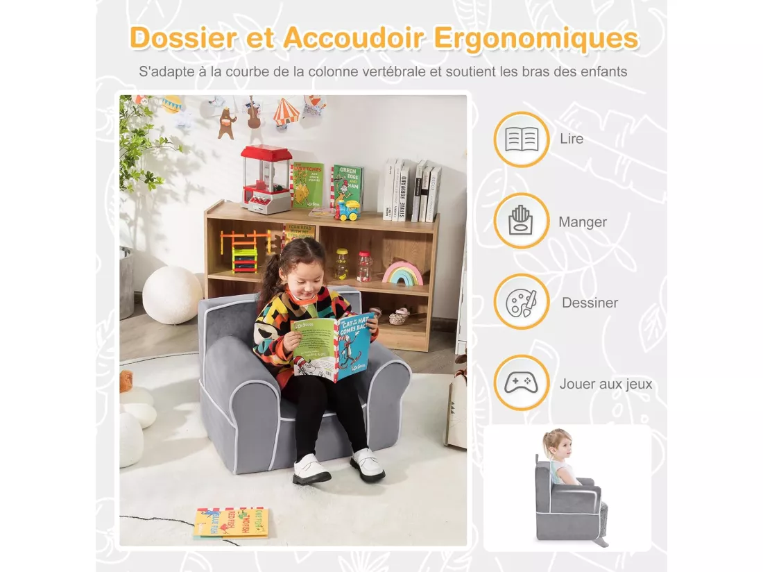 Fauteuil pour Enfant de 0 à 5 Ans, Canapé avec de Tissu en Velours Et Rembourré d’Éponges de Haute Qualité, Chaise pour Salle de Jeux, Chambre, Jardin d'enfants (Gris)