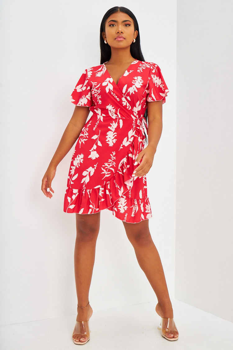 Robe portefeuille à volants fleurie rouge