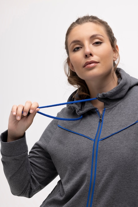 Sweatjacke, Piping, Kapuze, gerundeter Saum