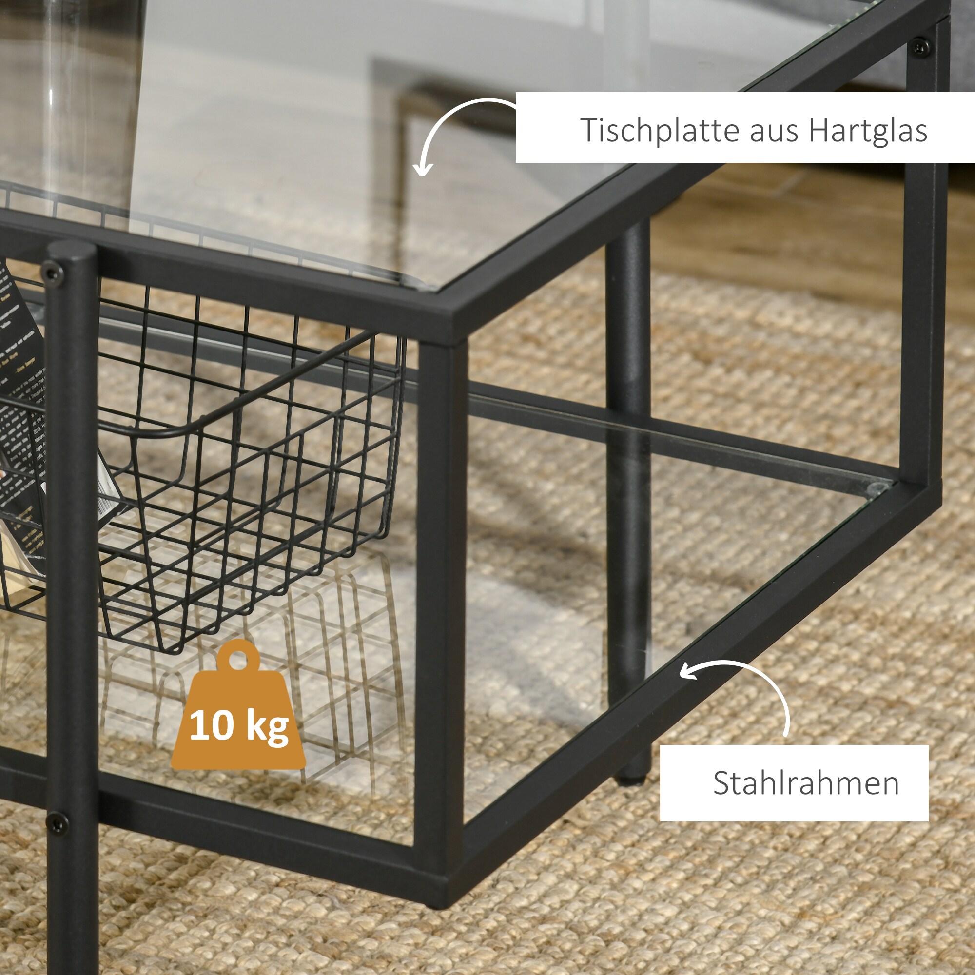 HOMCOM Beistelltisch mit 2 Regalen transparent, schwarz 100L x 55B x 45,5H cm