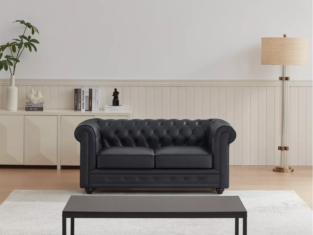 Canapé 2 places en cuir de buffle noir CHESTERFIELD