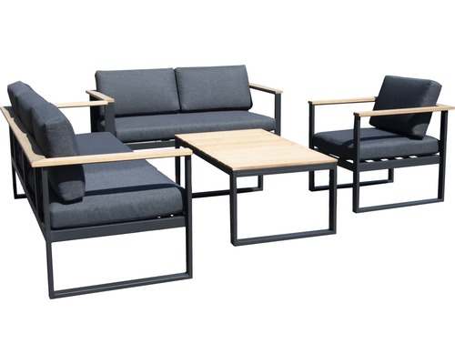 Garden Place Cleo aluminium-houten tuinmeubelset, 6-zits, bestaande uit: 2 banken, fauteuil, tafel inclusief kussens, aluminium antraciet, hout
