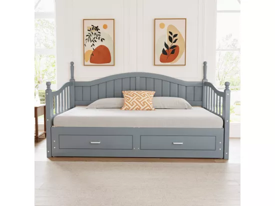 Canapé-lit pliant en bois massif - avec colonnes romaines - dossier et accoudoirs courbés - avec 2 tiroirs - gris (matelas non inclus)