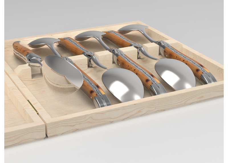 Service de 6 petites cuillères Laguiole avec un manche en bois de genévrier et mitres en acier inoxydable