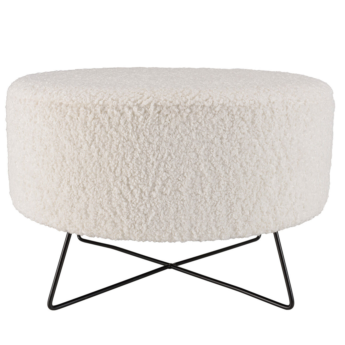 Macabane Pouf rond tissu bouclette pieds croisés Albane blanc - 55x55x35 cm