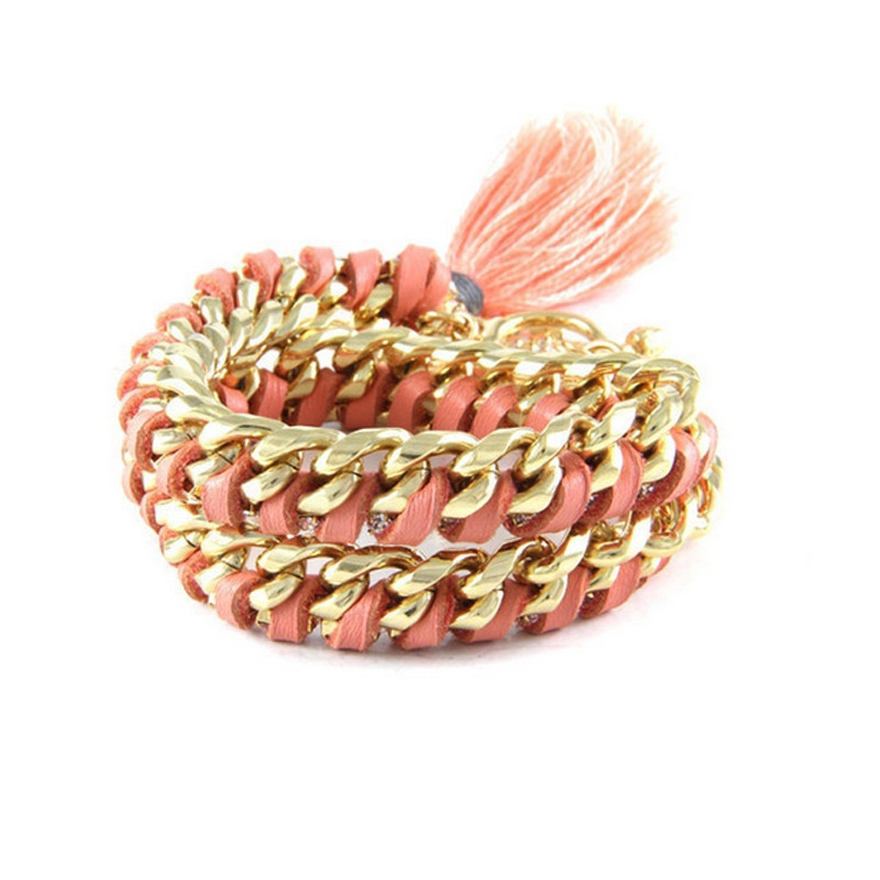 Ettika - Bracelet en Or Jaune, Cristal et Rubans Cuir Tressés Rose