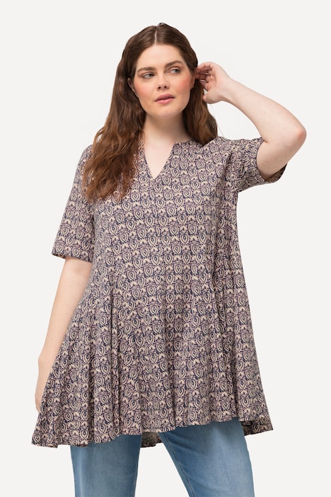 Longshirt, Godetfalten, Tunika-Ausschnitt, Halbarm