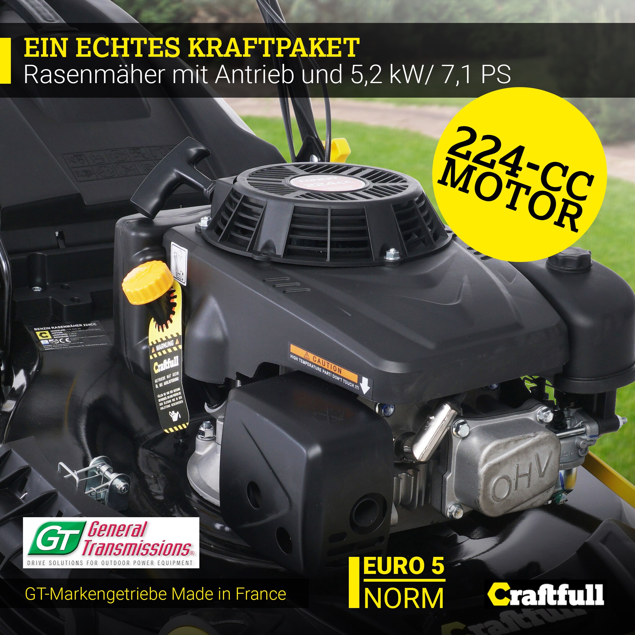 Craftfull Premium Benzin-Rasenmäher CR-224-20, 5in1, 224cc-Motor, 5,2 kW, GT-Markengetriebe, Euro 5