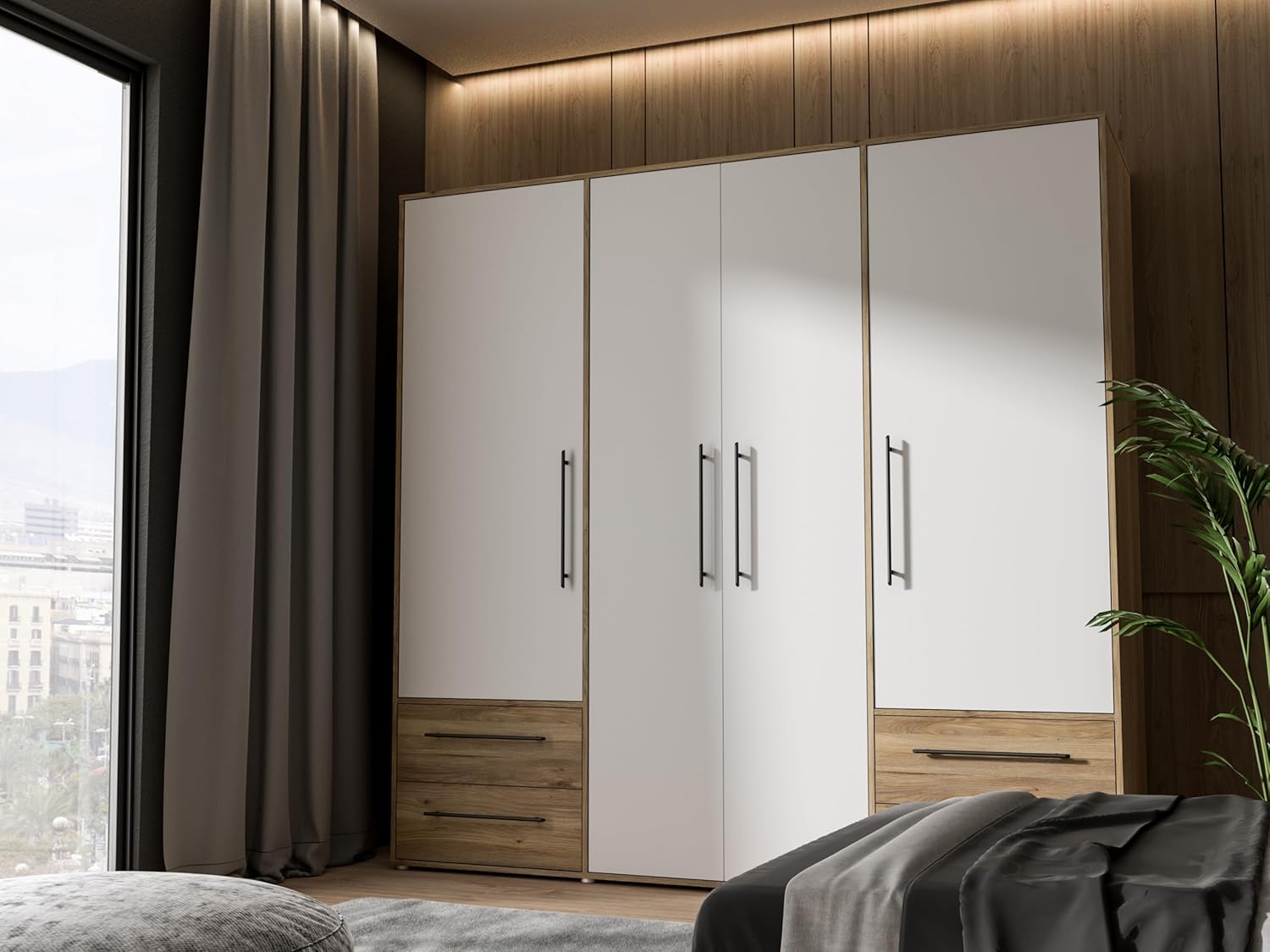FORTE Jupiter Schrank 200 210, weißer Kleiderschrank, Drehtürenschrank, 4-türig, mit 4 Schubladen und Einlegeböden, Weiß mit Holz Dekor: Mauvella Eiche, 206 cm breit x 59 cm tief x 200 cm hoch