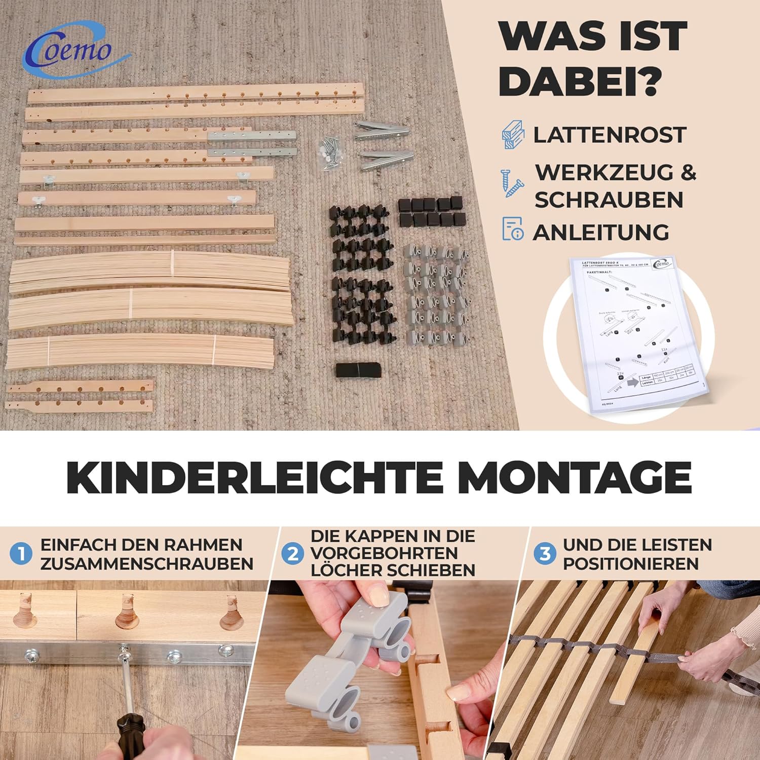 2 STK. Lattenrost mit 7-Zonen, 2er-Set, Kopfteil verstellbar, Camping Lattenrost, 90x200, mit 28 Holzlatten und Mittelgurt, ideal für Doppelbetten 180x200 cm