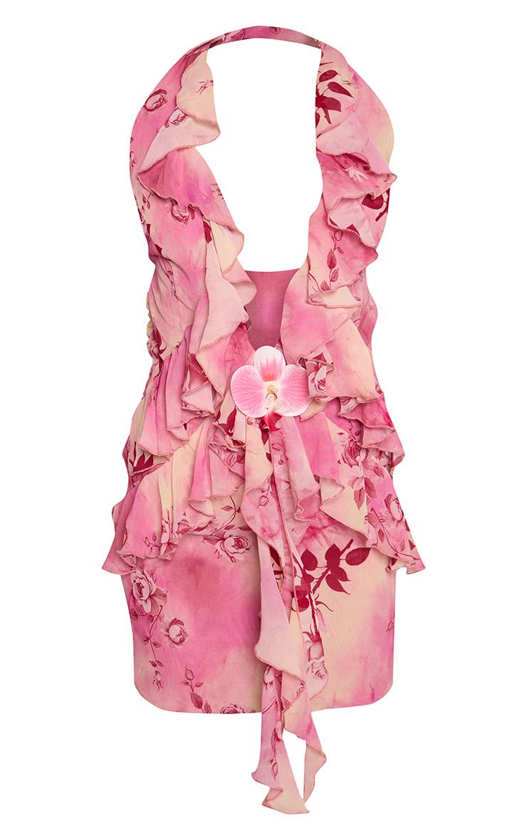 Rose Robe Courte À Décolleté Plongeant Avec Volants Floraux Et Ornement Fleur