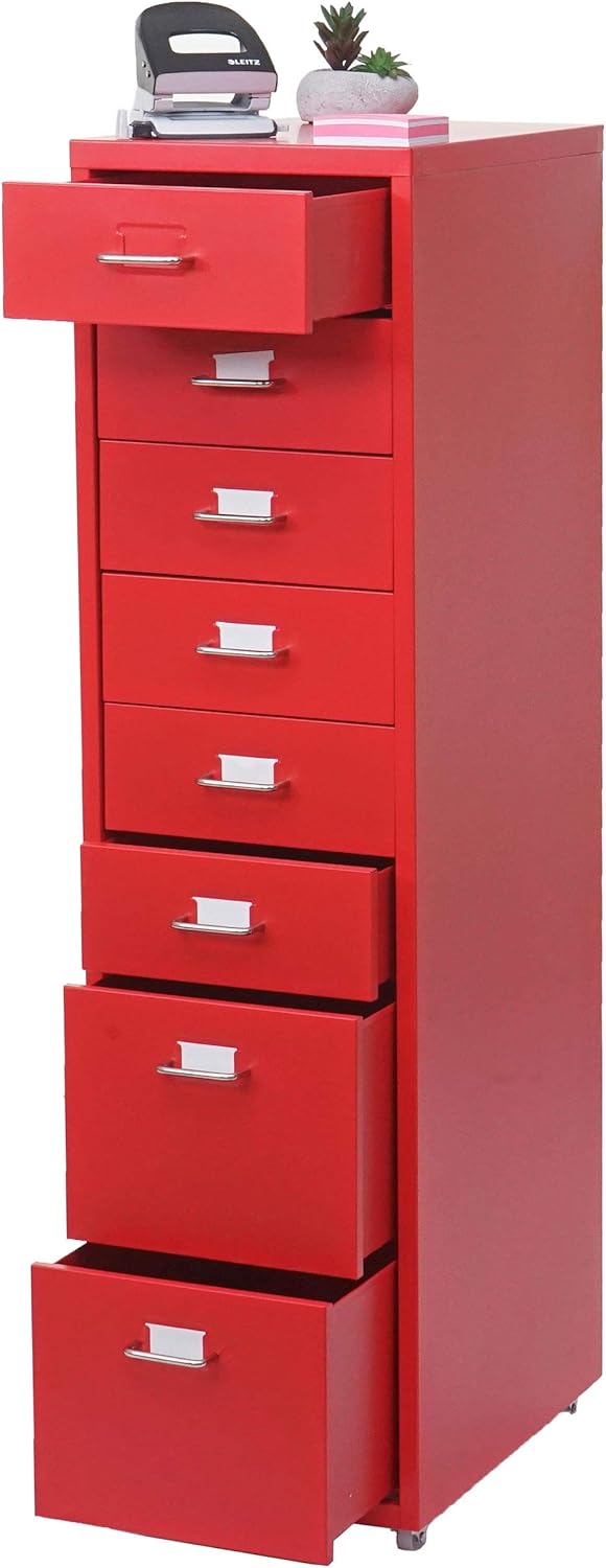 Mendler Rollcontainer Boston T851AM, Schubladenschrank Stahlschrank, 110x28x41cm 8 Schubladen - rot