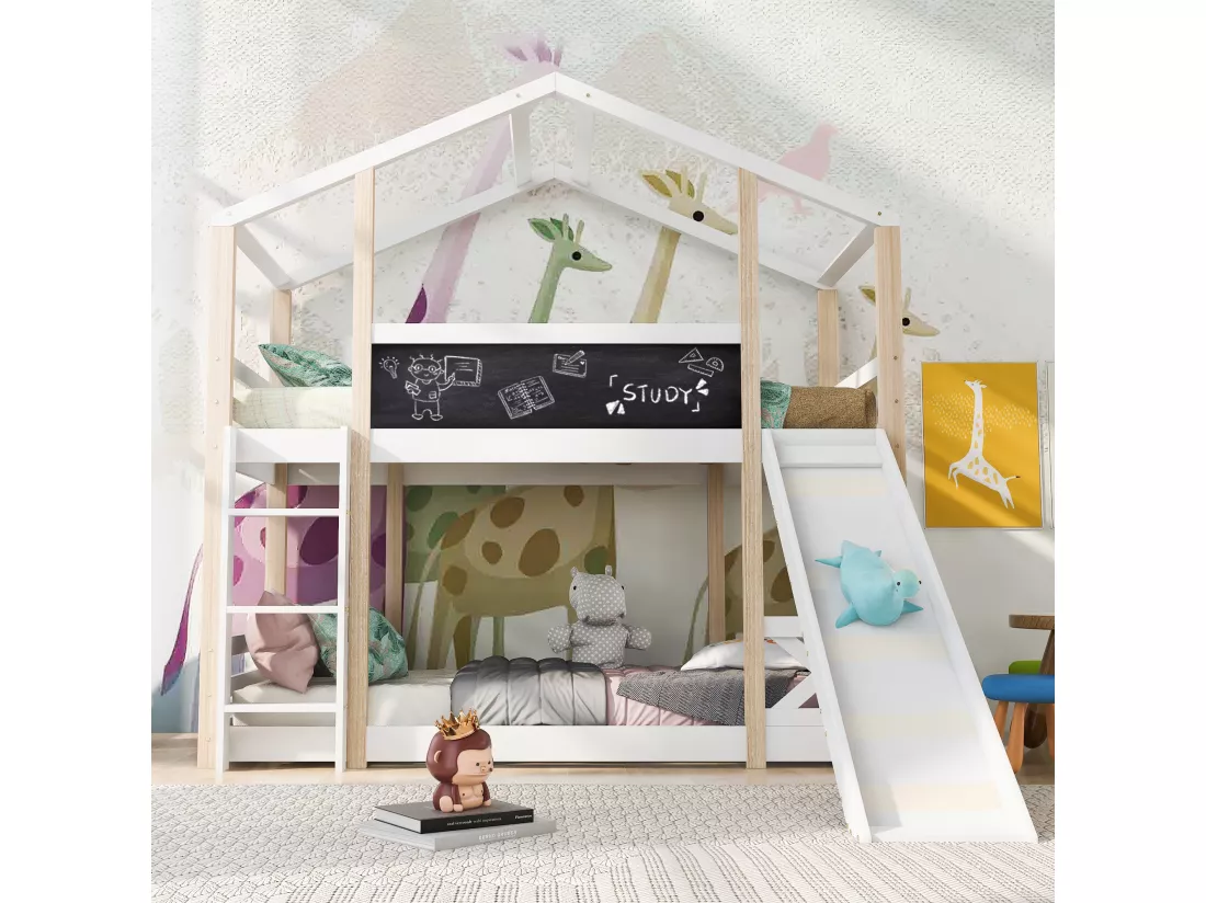 Lit superposé cabane - 2 x 90 x 200 cm - pin et MDF - toboggan, échelle et sommier à lattes - coloris: naturel et blanc