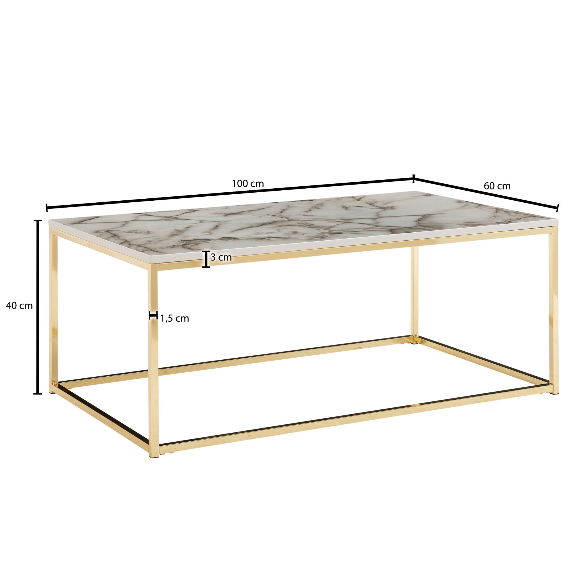 KADIMA DESIGN Couchtisch in Marmor-Optik mit Metallbeine, rechteckig, 100x60x40 cm - Serie MARBRIX