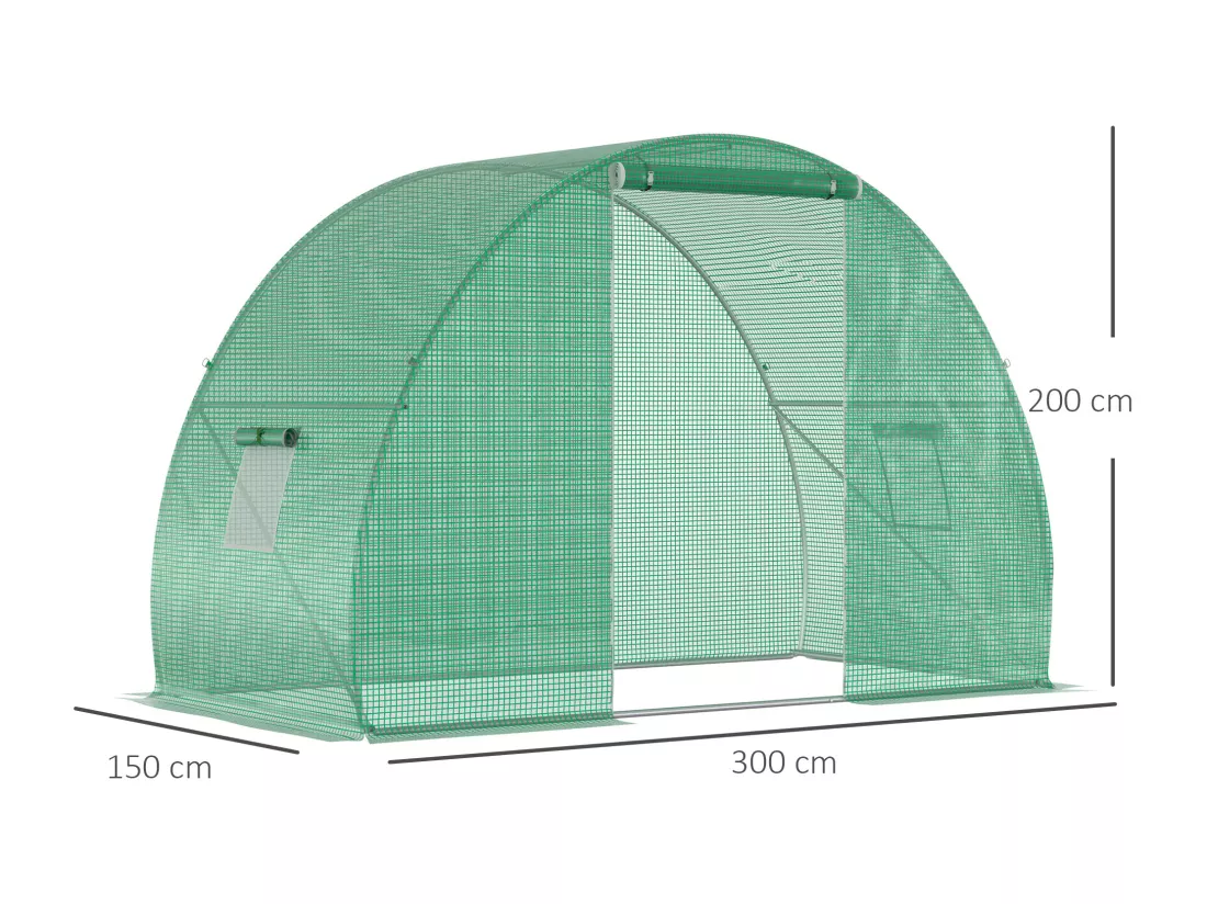 Serre de jardin tunnel surface sol 4,5 m² dim. 3L x 1,5l x 2H m châssis tubulaire renforcé porte zippée 2 fenêtres enroulables vert