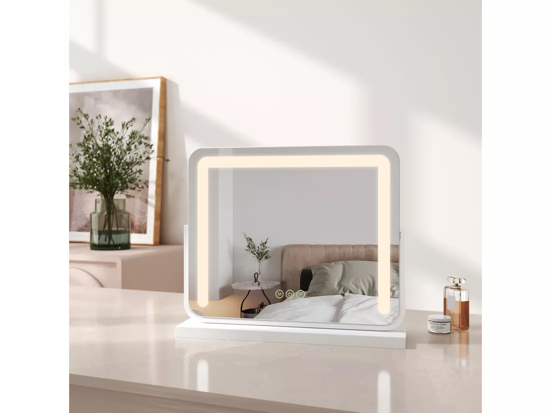 EMKE Miroir cosmétique 50x41.6cm, avec 3 LED de couleur à intensité variable, miroir carré blanc orientable sur 360°
