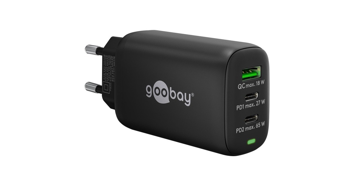 goobayUSB-C PD GaN Multiport snellader (65 W)  (Zwart, 2x USB-C, 1x USB-A, Power Delivery, QuickCharge)