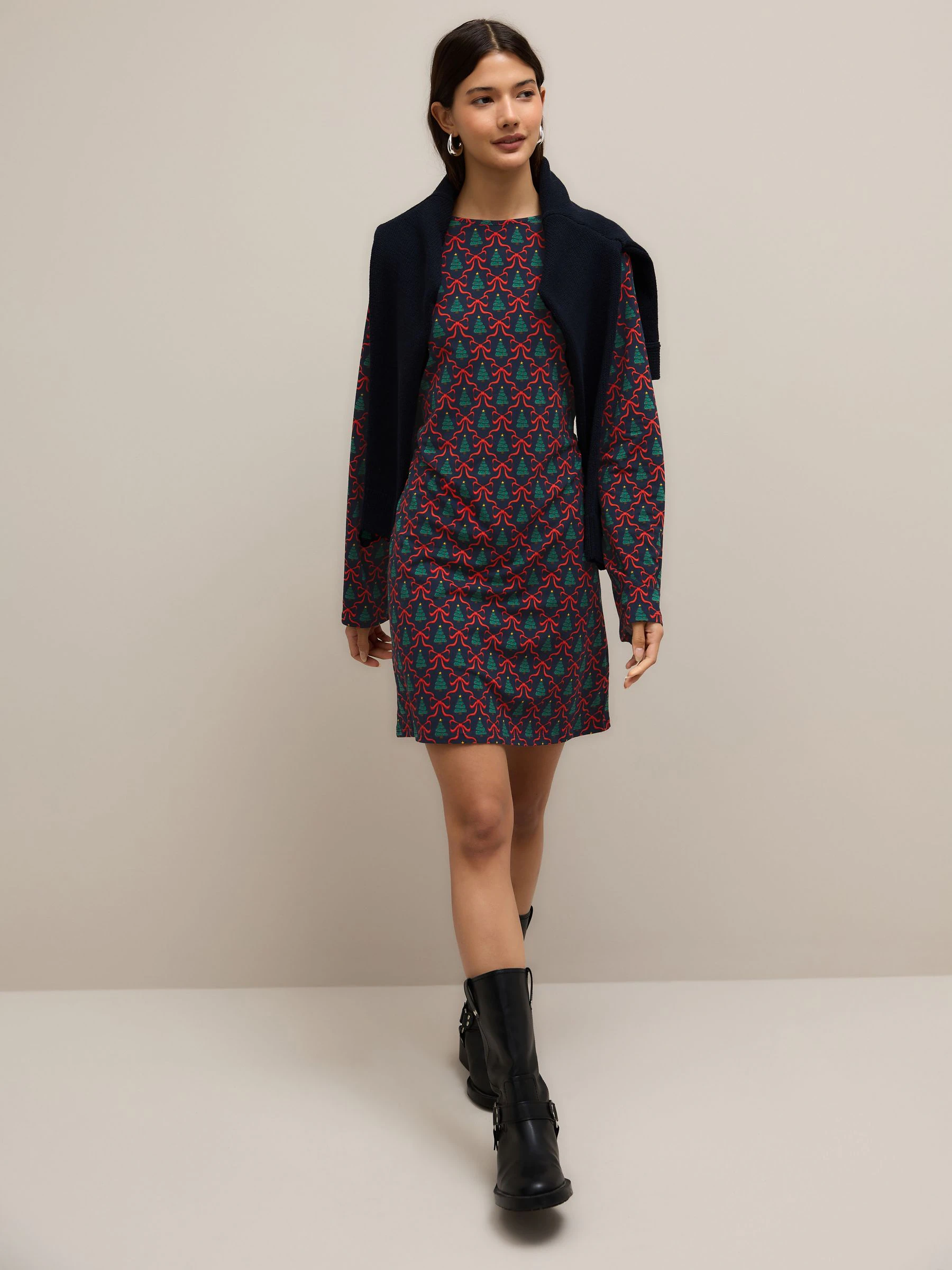 Marineblauw - Kerstmis Strik Print Lange Mouwen Jurk