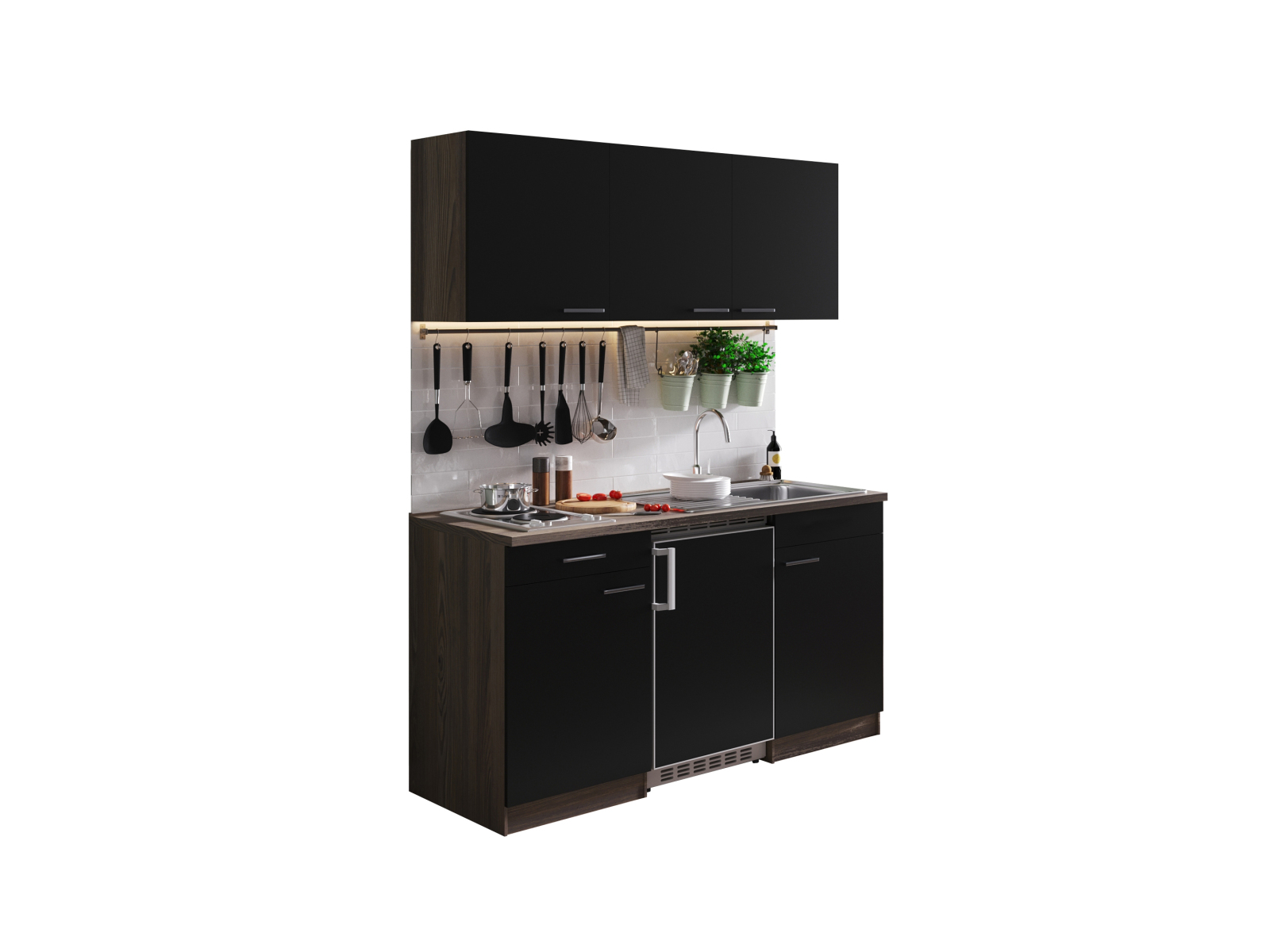 RESPEKTA Singleküche OLIVER - schwarz - Eiche York - mit E-Geräten - 150 cm