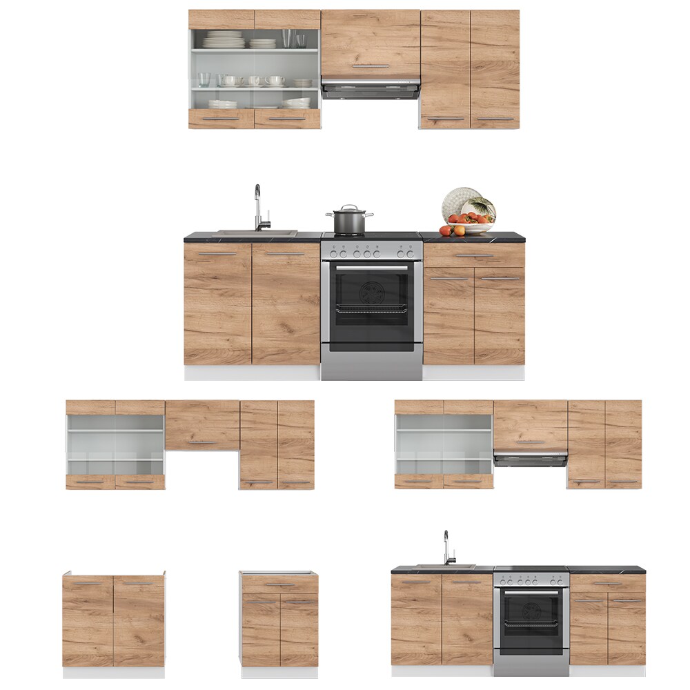 Vicco Küchenzeile Küchenblock Einbauküche Fame-Line Weiß Eiche 200 cm modern Küchen Schränke Schubunterschrank Spülenunterschrank Hängeschrank Hängeglasschrank