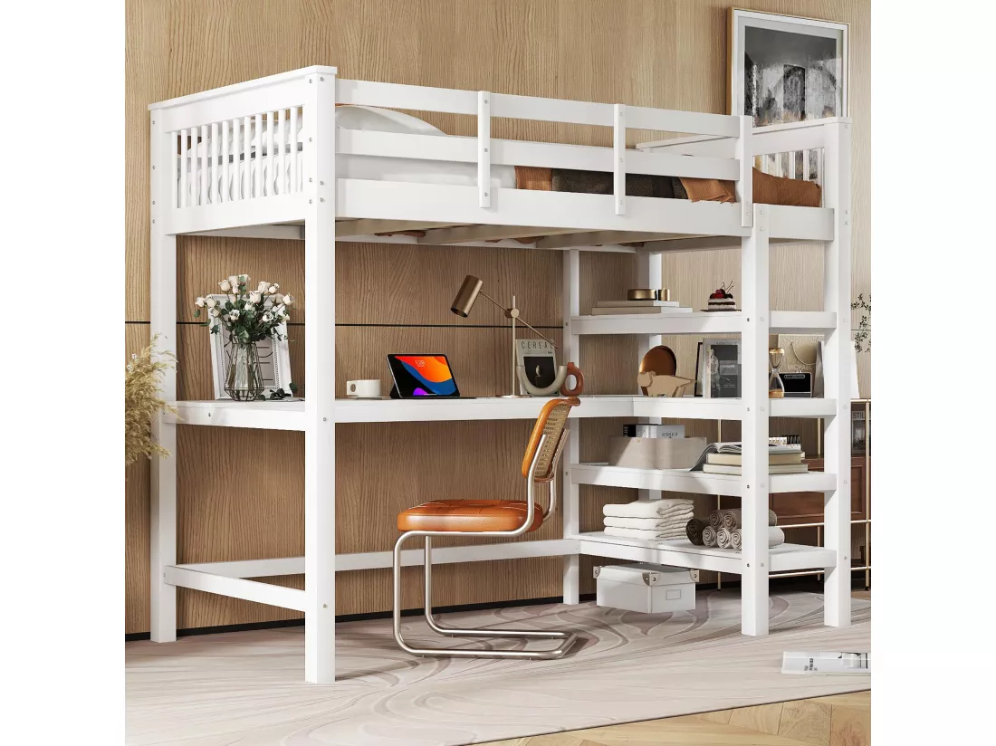 Lit mezzanine 90x200cm en bois - avec bureau et étagère de rangement - Blanc
