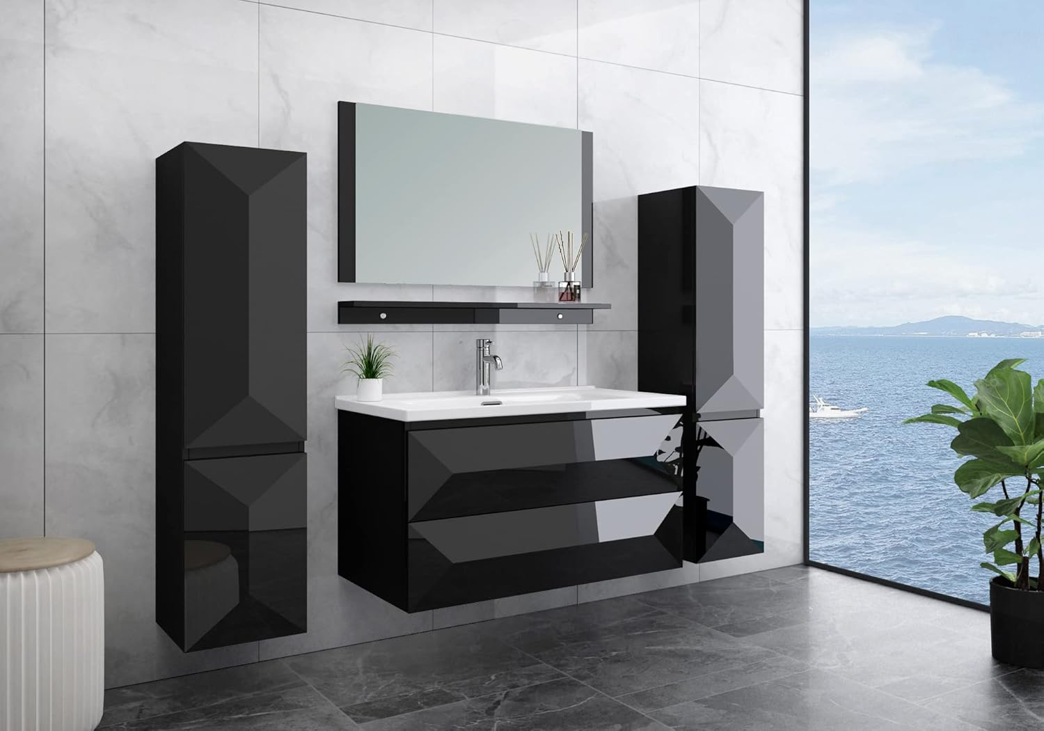 Faizee Möbel Miran Schwarz Badmöbel Set 90 cm – Hochglanz Weiß & Eiche – mit Spiegel, Keramik-Waschbecken, Soft-Close Unterschrank – 6-teiliges Badezimmer Set