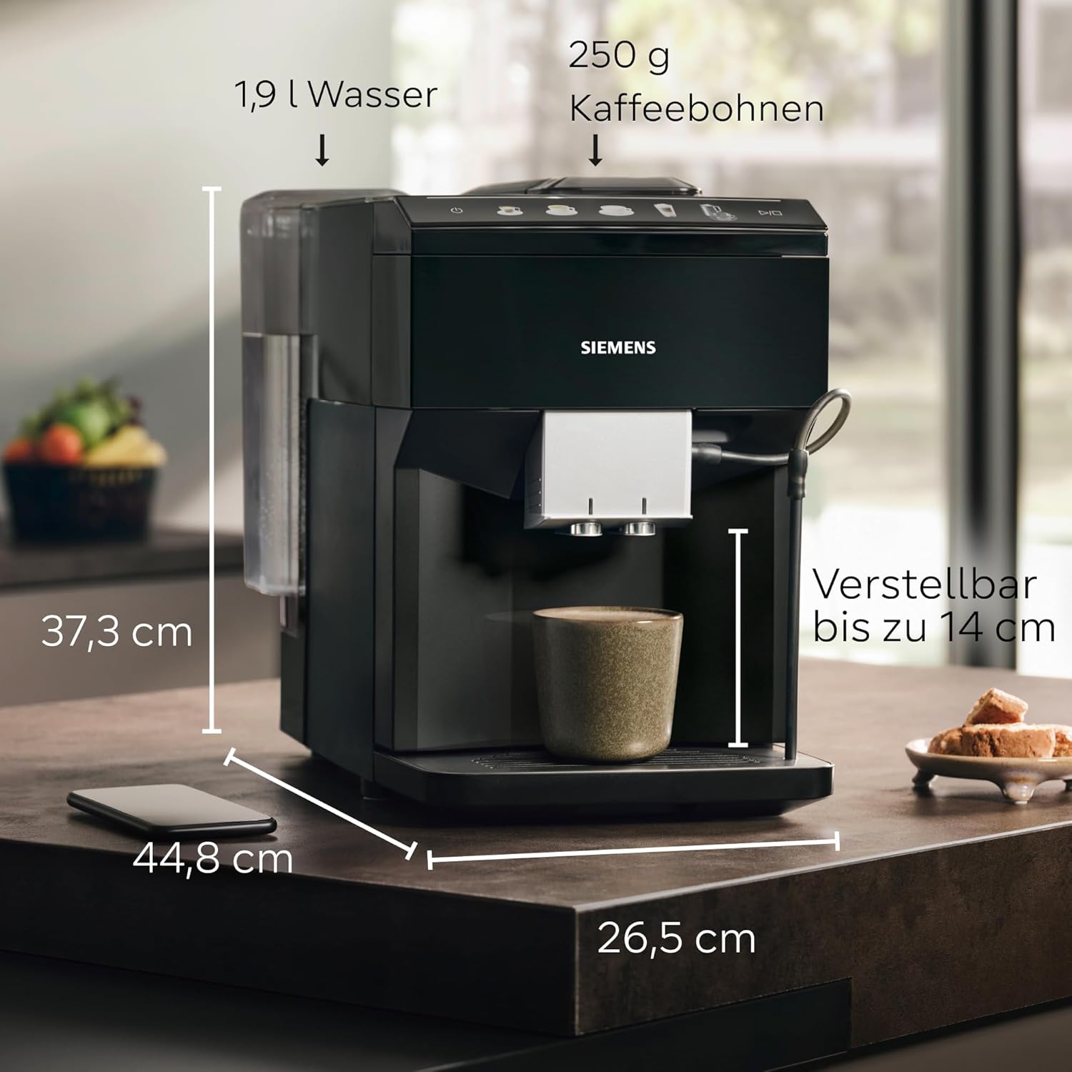 Siemens Kaffeevollautomat EQ500 TP511E19, App-Steuerung, Cold Brew, Vollfarbdisplay, Doppeltassenfunktion, autom. Dampfreinigung, einfache Wartung, schwarz