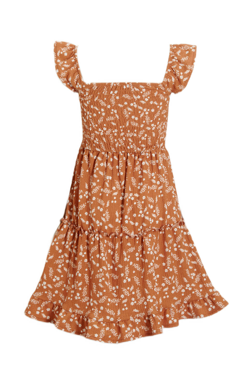 anytime crinkle jurk met all over print lichtbruin
