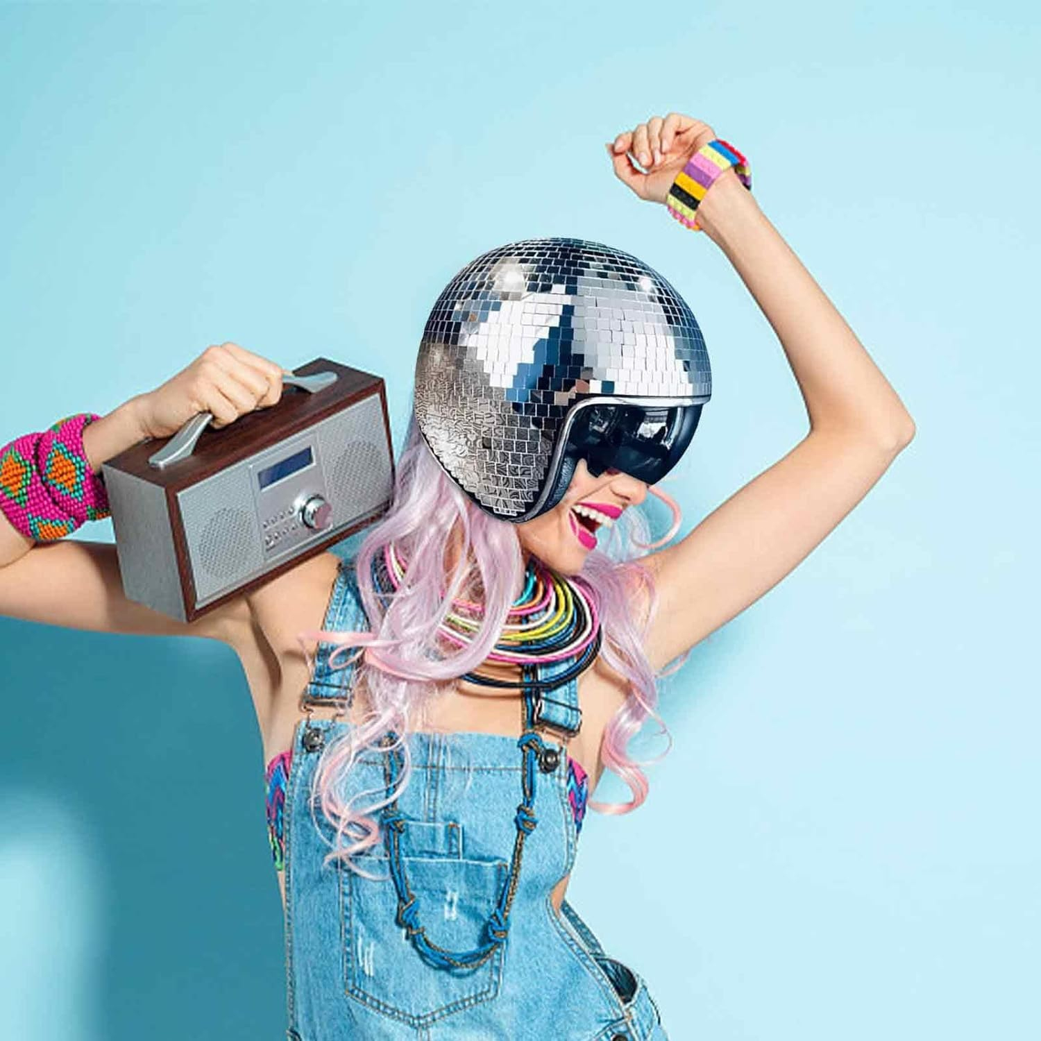 Discokugel Helm Fasnachts Kostüm Zubehör Motto Party Accessoire Spiegelhelm Halloween Foto Requisite mit Einziehbarem Visier - Silber