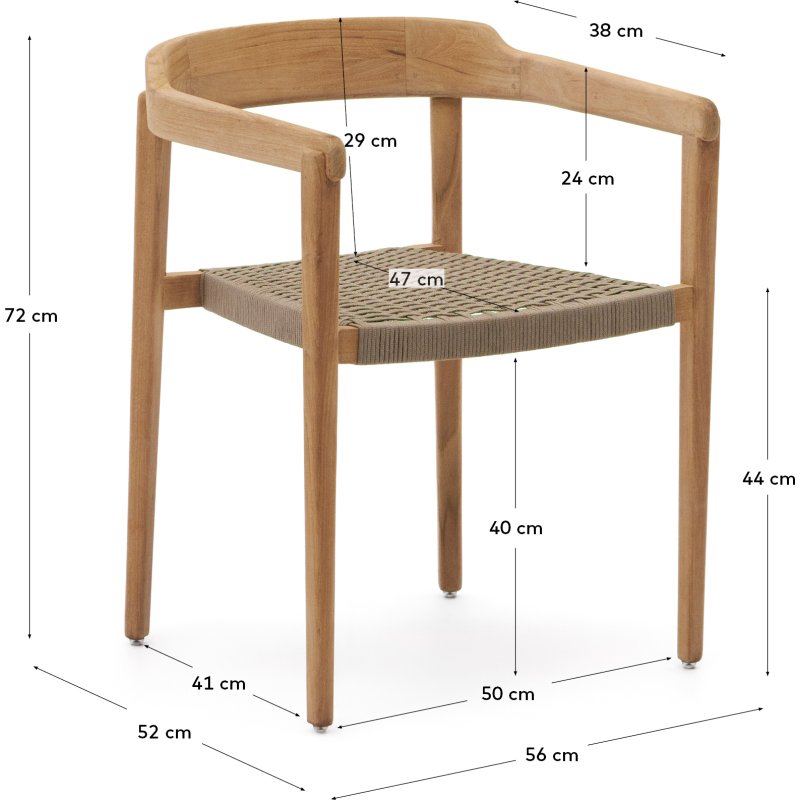 Chaise empilable Icaro en bois de teck, finition naturelle et corde beige