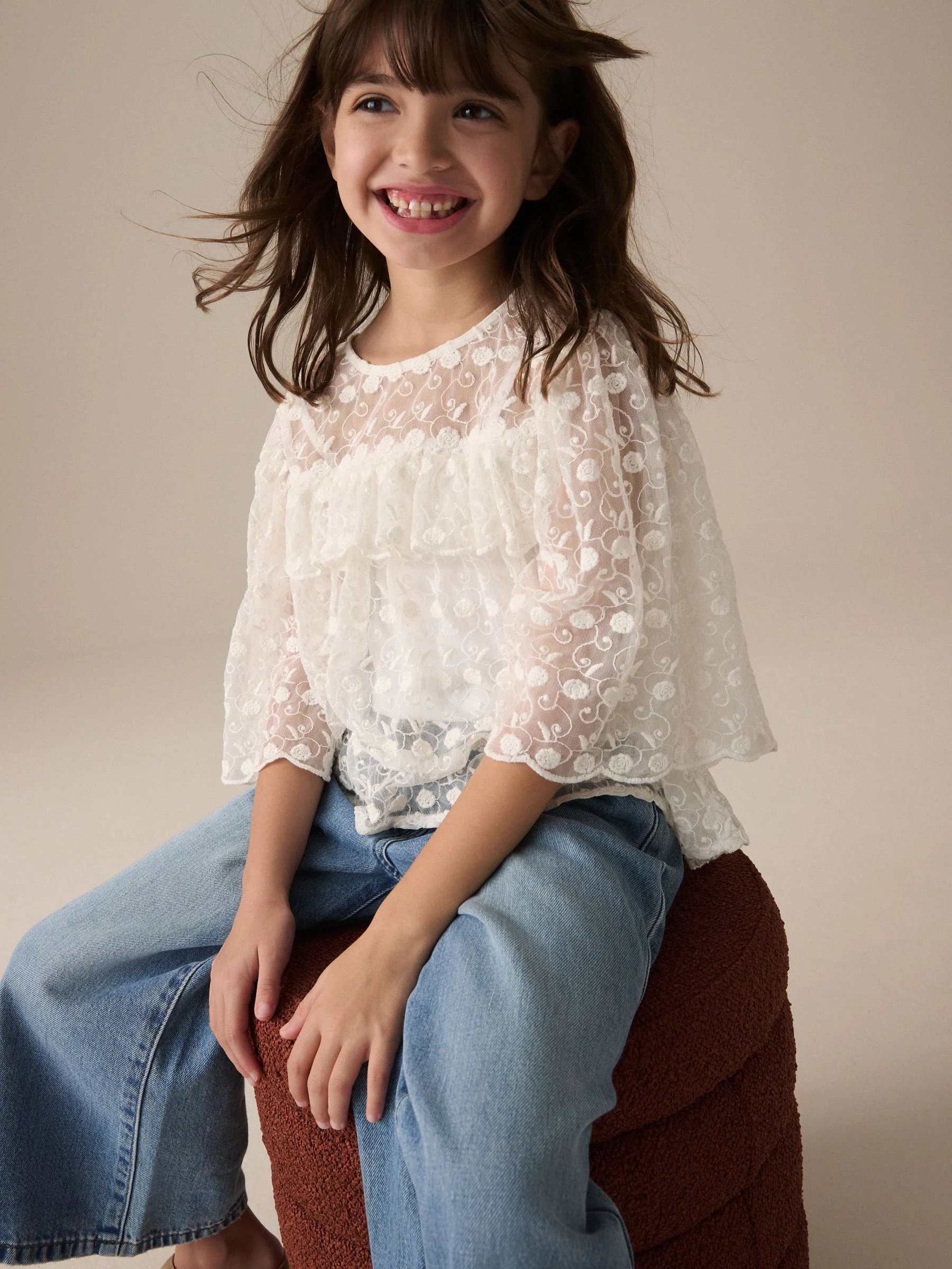 Crème - 100% katoenen kanten blouse (3 - 16 jr)