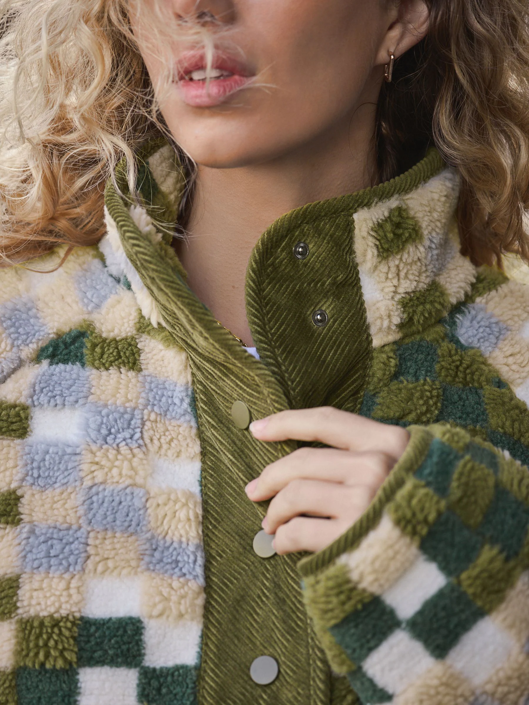 Groen ruit patroon - Behaaglijke teddy Borg mixgeweven fleece Jack met Knoopsluiting