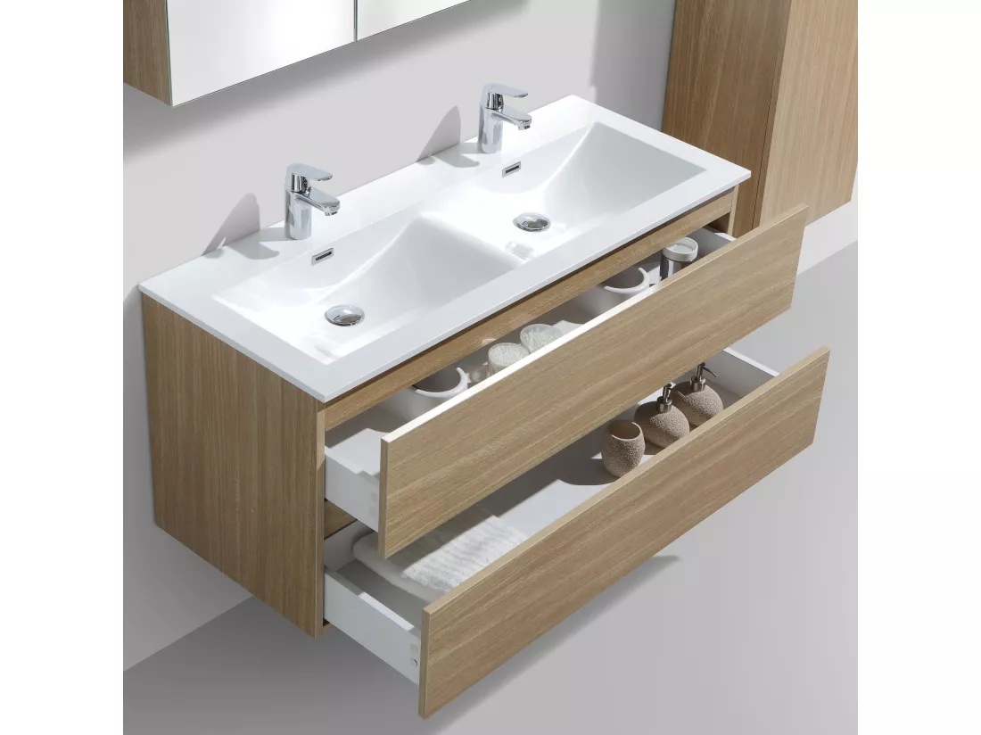 Meuble salle de bain design double vasque SIENA largeur 120 cm chêne clair texturé