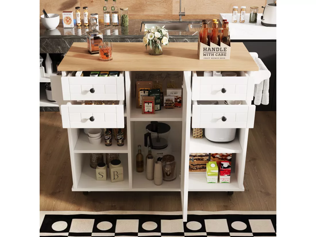 Ilot central de cuisine mobile avec 1 porte et 4 tiroirs - 111x46x91.5 cm - Bois MDF - Blanc et naturel