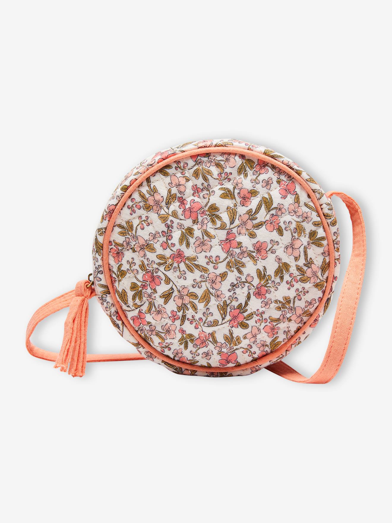 Bolsa redonda acolchoada com estampa floral para meninas, nude