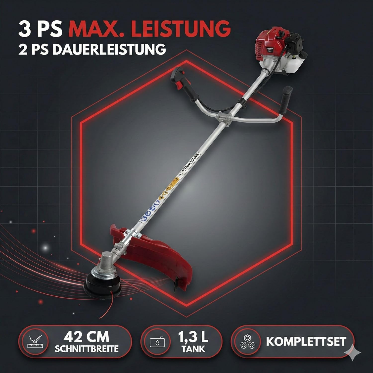Stahlmann Freischneider Benzin MS520 – Motorsense Benzin mit kraftvollem 3PS Motor, 42cm Schnittbreite, 52ccm 2-Takt – Rasenkantenschneider und Rasentrimmer mit Tragegurt