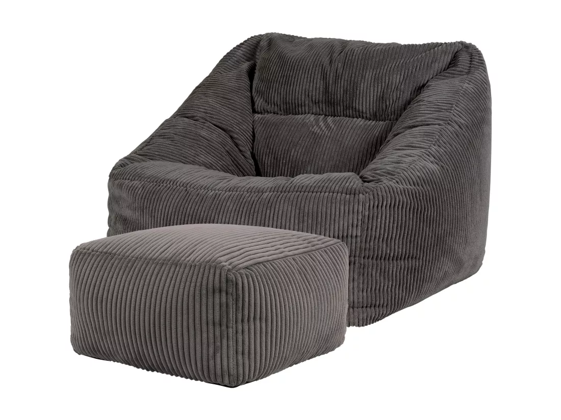 Pouf fauteuil et son repose-pieds carré velours côtelé gris anthracite - MORGAN